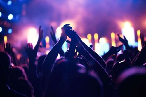 Cheering crowd with hands in air at music festival